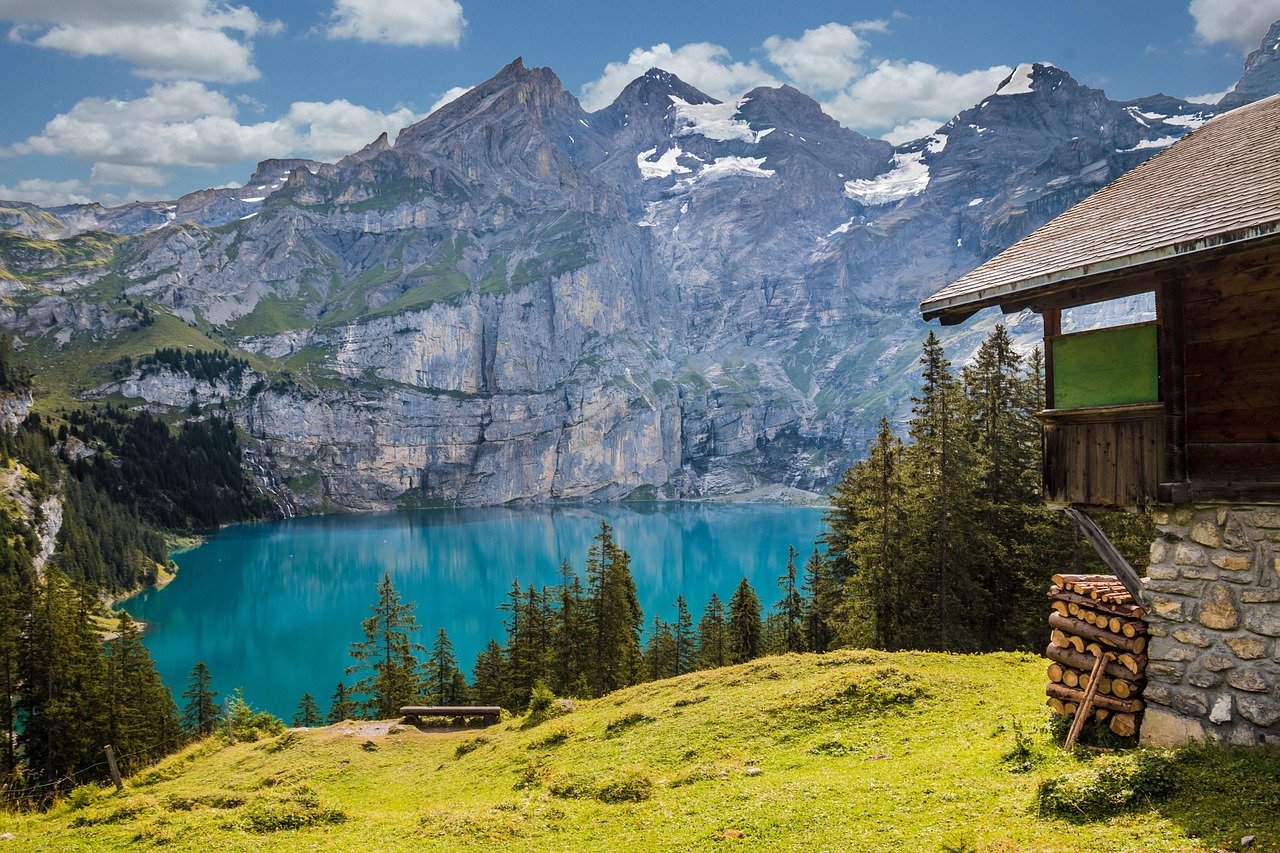 lake, mountains, hut, mountain lake, mountain hut, cabin, building, house, alpine, alps, nature, scenic, lake oeschinen, switzerland, lake, mountains, house, switzerland, switzerland, switzerland, switzerland, switzerland